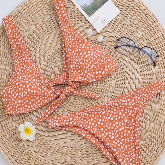 orange boho polka dot front tie bikini cheeky - Picture 2 of 3